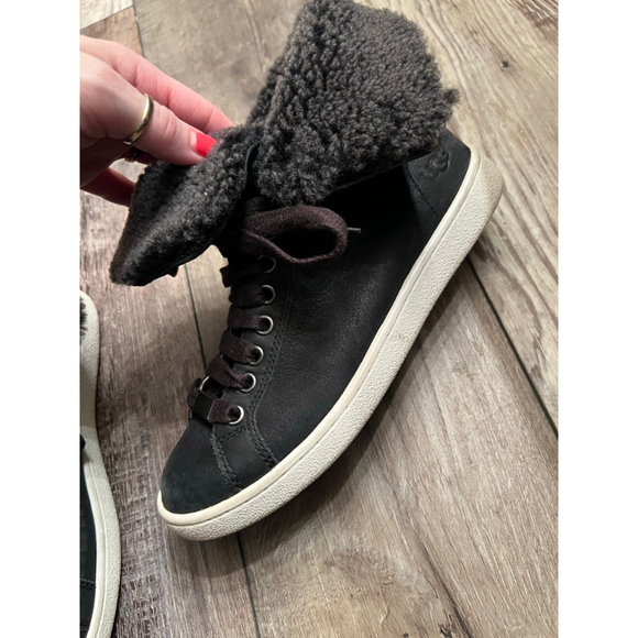 Women's UGG Black Leather Gray Shearling High Top Sneakers Size 7 - Picture 6 of 14